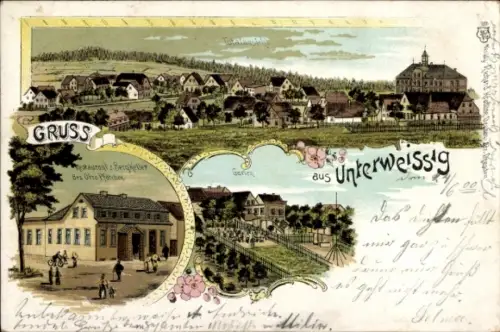 Litho Unterweißig Weißig Freital in Sachsen, Gesamtansicht, Restaurant Bergkeller, Garten