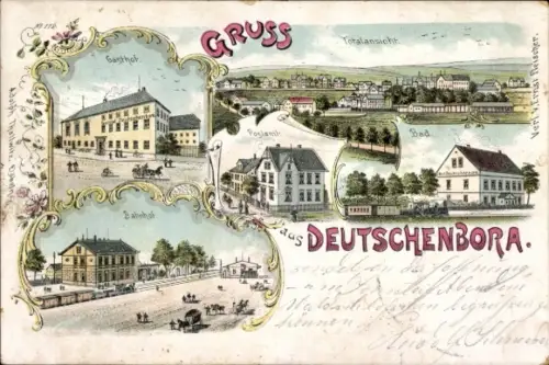 Litho Deutschenbora Nossen in Sachsen, Gasthof, Bahnhof, Post, Bad