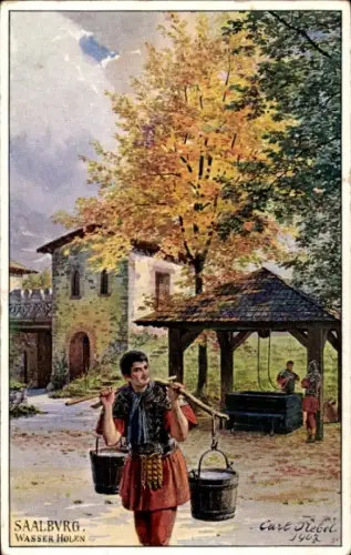 Künstler Ak Bad Homburg vor der Höhe, Römerkastell Saalburg, Wasser Holen