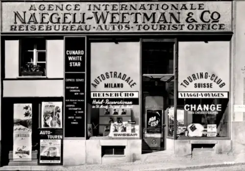 Ak Sankt Moritz Kanton Graubünden, Reisebüro Naegeli-Weetman & Co, Schaufenster, Reklameschilder