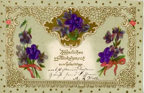 Stoff Präge Ak Glückwunsch Geburtstag, Veilchen