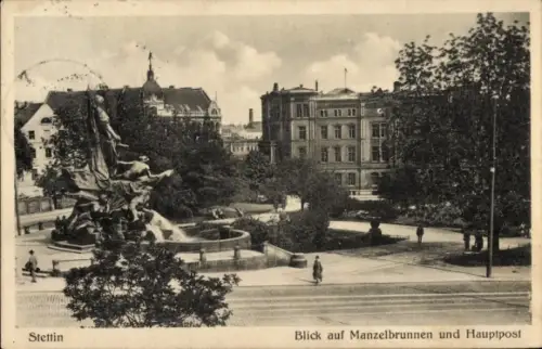 Ak Szczecin Stettin Pommern, Manzelbrunnen, Hauptpost