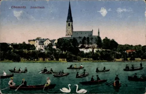 Ak Chemnitz in Sachsen, Schloßteich, Kirche, Boote, Schwäne