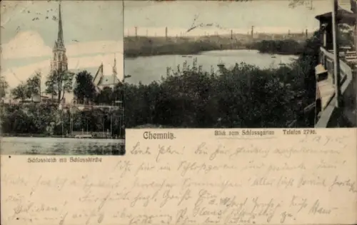 Ak Chemnitz in Sachsen, Schlosskirche, Schlossgarten, Blick auf Wasser, alte Gebäude, Natur
