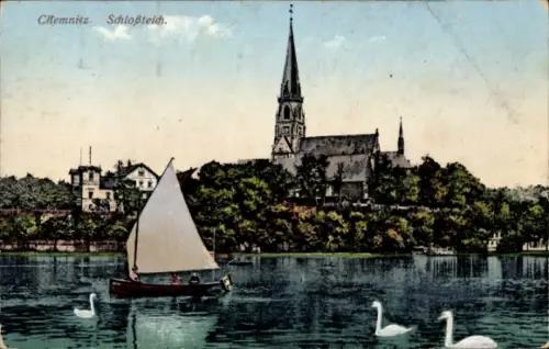 Ak Chemnitz in Sachsen, Schloßteich, Kirche, Boot, Schwäne