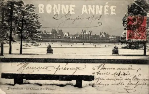 Ak Fontainebleau Seine et Marne, Verschneite Landschaft, Schloss  Neujahrsgrüße