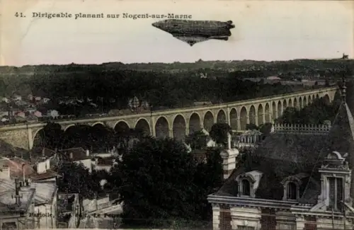 Ak Bry Le Perreux Val-de-Marne, Viadukt, Zeppelin