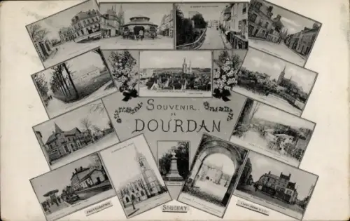 Ak Dourdan Essonne, Verschiedene Bilder von  Blumenornamente, Souvenir-Text