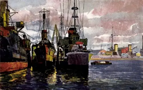 Künstler Ak Seeger, Deutsche Kriegsschiffe, Torpedoboote und Kreuzer