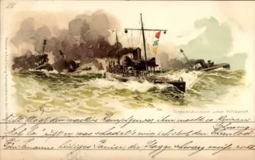 Künstler Litho Bohrdt, Hans, Deutsche Kriegsschiffe, Torpedodivision unter Volldampf