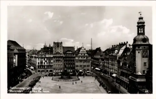Ak Leipzig, Reichsmessestadt  Marktplatz, Rathaus, schwarz-weiß
