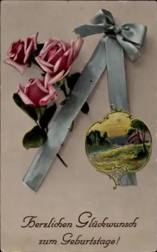Ak Glückwunsch Geburtstag, Blumen, Schleife, Rosen