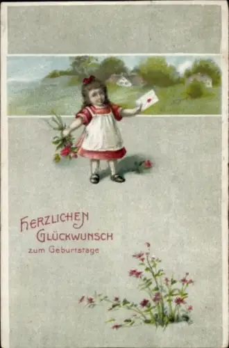 Ak Glückwunsch Geburtstag, Mädchen, Blumen, Brief