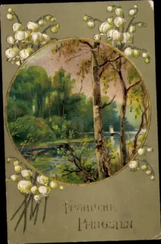 Präge Ak Glückwunsch Pfingsten, Birken, Maiglöckchen