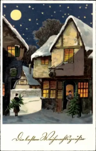 Ak Glückwunsch Weihnachten, Häuser, Menschen mit Tannenbäumen