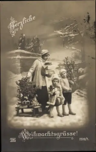 Ak Glückwunsch Weihnachten, Kinder, Schlitten