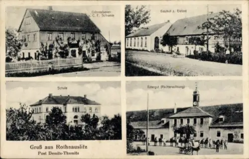 Ak Rothnauslitz Demitz Thumitz Sachsen, Kolonialwarenhandlung, Gasthof z. Elefant, Rittergut, Schule