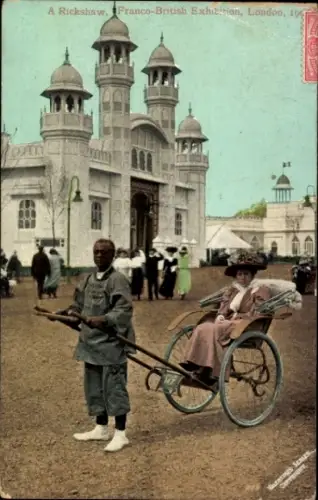 Ak London, Ausstellung 1908, Frau in einer Rikscha