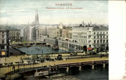 Ak Hamburg Mitte Altstadt, Reesendammbrücke, Alsterarkaden, Stadtansicht, Wasser, Boote