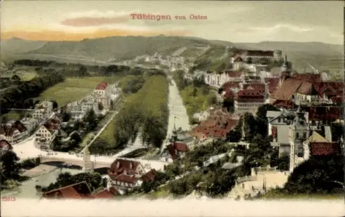 Ak Tübingen am Neckar, Panoramaansicht von  Fluss, Brücke, Hügel, Häuser