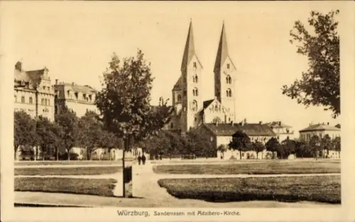 Ak Sanderau Würzburg am Main Unterfranken, Sanderrasen, Adalbero-Kirche, Bäume, Menschen