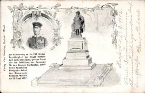 Ak Herford in Westfalen, Denkmal für den Großen Kurfürst, Kronprinz Wilhelm von Preußen