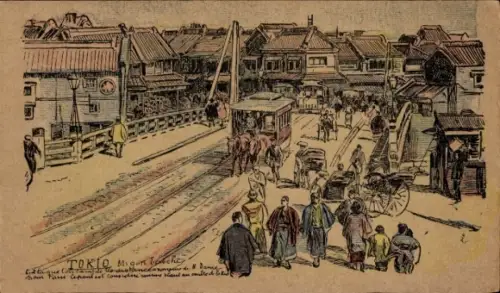 Ak Tokyo Tokio Japan, Blick auf eine Straße in  Menschen, Pferdewagen, Geschäfte