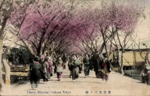 Ak Ueno Tokyo Tokio Japan, Kirschblüten, Spaziergänger, Bäume, bunte Kleidung