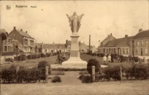 Ak Kasterlee Antwerpen Belgien, Statue von Jesus, Markt, Häuser im Hintergrund