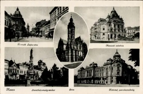 Ak Košice Kassa Kaschau Slowakei, Kossuth Lajos utca, Nemzeti Színház, Szentháromság-szobor, Dóm,