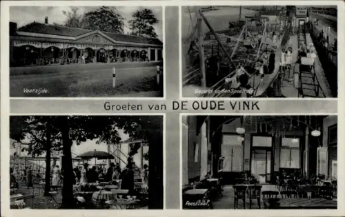 Ak Voorschoten Südholland, De Oude Vink, Festzaal, Voorzijde, op den Speeltrain, Tuin