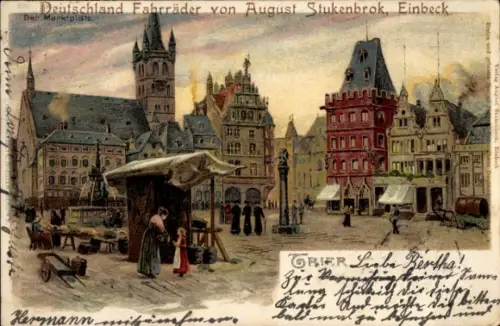 Litho Trier in Rheinland Pfalz,  Marktplatz, Marktstände, Denkmal, Häuser
