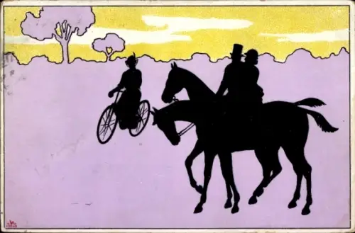 Scherenschnitt Ak Reiterpaar trifft auf Radfahrerin