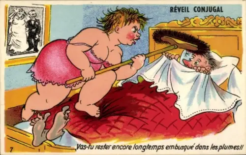 Ak Frau droht ihrem Mann mit Besen