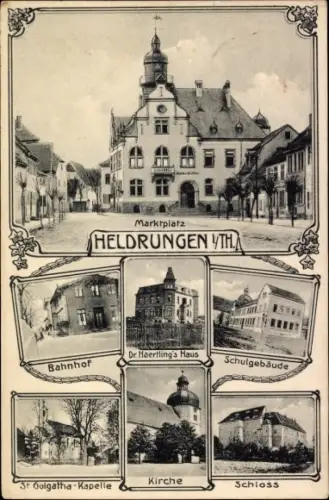 Ak Heldrungen Thüringen, Bahnhof, Dr. Haertings Haus, St. Golgatha Kapelle