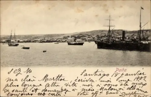 Ak Paita Peru, Schiffe im Hafen, Küstenlandschaft, Text in Französisch