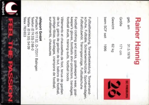 Autogrammkarte Fußballer Rainer Hannig, SC Freiburg, Autogramm