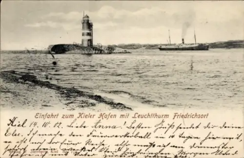 Ak Friedrichsort Kiel, Kieler Hafen, Leuchtturm Friedrichsort, Schiffe, Wasser