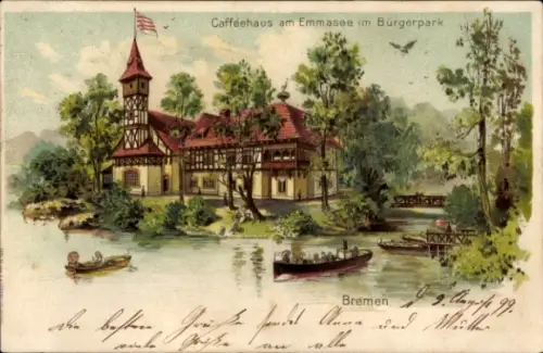 Ak Schnoor Bremen, Cafféehaus, Emmasee, Bürgerpark, Boote, koloriert