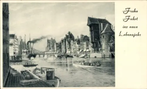 Künstler Ak Pawlowski, A., Gdańsk Danzig, Lange Brücke mit Krantor