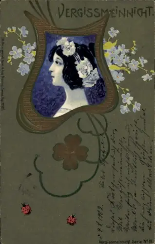 Jugendstil Litho Portrait einer Frau, Marienkäfer, Vergissmeinnicht