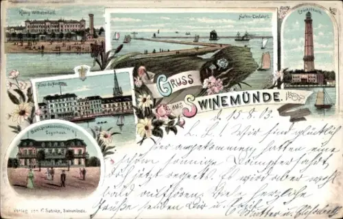 Litho Świnoujście Swinemünde Pommern, König Wilhelm Bad, Leuchtturm, Hotel, Hafeneinfahrt