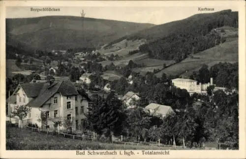 Ak Czerniawa Zdrój Bad Schwarzbach Isergebirge Schlesien, Bergschlößchen, Kurhaus, Totalansich...