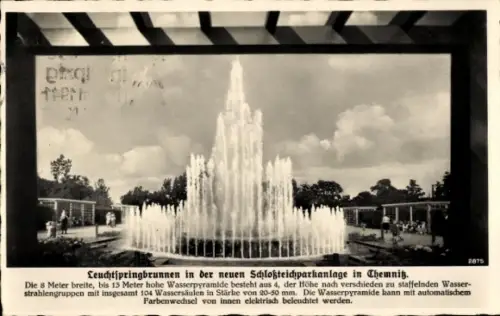 Ak Chemnitz in Sachsen, Leuchtspringbrunnen, Schloßteichparkanlage, Wasserpyramide, 104 Wassersäu
