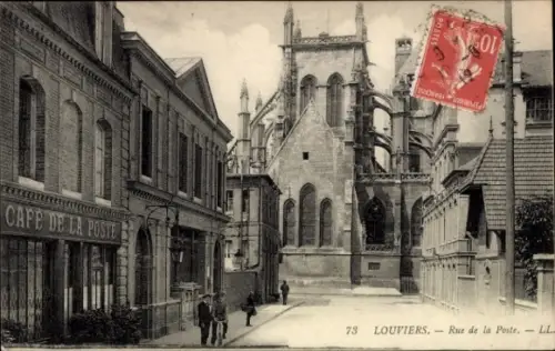 Ak Louviers Eure, Cafe de la Poste, gotische Kirche, Rue de la Poste,  Architektur