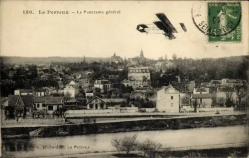 Ak Le Perreux sur Marne Val de Marne, Panorama mit Stadtansicht, Flugzeug im Himmel, mehrere Gebä