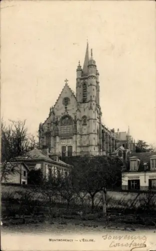 Ak Montmorency Val d’Oise, Kirche,   Architektur, Bäume im Vordergrund