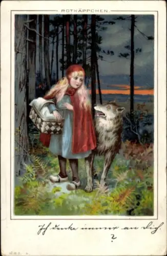 Litho Märchen, Rotkäppchen, Wolf, Gebrüder Grimm