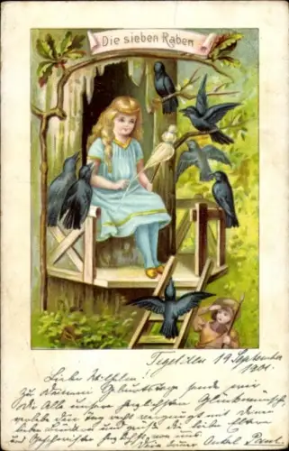 Künstler Ak Die sieben Raben, Märchen, Mädchen mit Spindel
