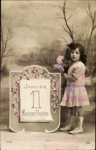 Ak Fröhliches Neujahr, Mädchen, Kalenderblatt 1. Januar, coloriert